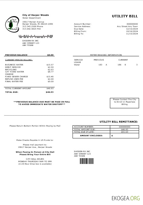 Modèle Word et PDF de facture de services publics de la VILLE DE HARPER WOODS des États Unis